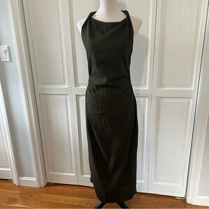Zara Twisted Linen Blend Midi Dress in olive green M